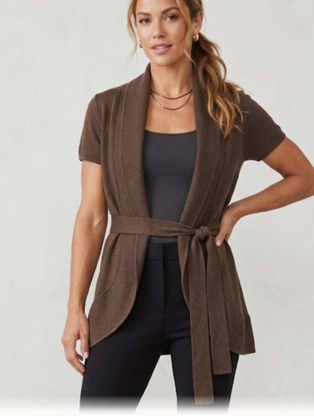 BCBGMAXAZRIA 100% Merino Wool Brown Belted Cardigan Sweater M Y2K Vintage